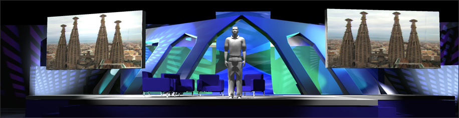 Custom built conference stage with seating and two projector screens