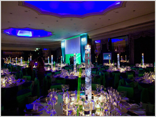 Blue and green themed awards dinner