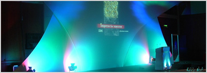 Product launch stage with blue spotlights