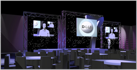 Dell conference stage with three large projector screens