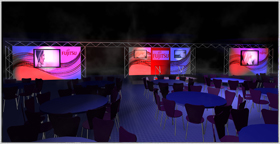 Fujitsu conference stage with seating and two large projector screens